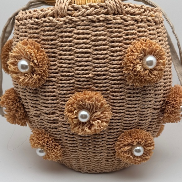 ZARA RARE Luxury Pearl Trim Basket Bohemian Blogger's Favorite Straw Bag - Picture 6 of 13